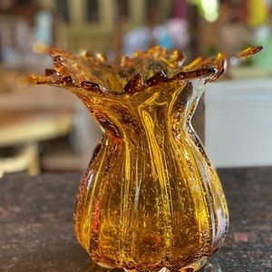 1 Amber Mouth Blown Vase 8.25” x 10”